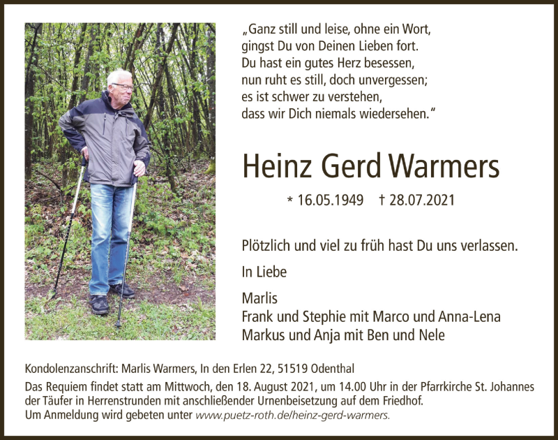  Traueranzeige für Heinz Gerd Warmers vom 13.08.2021 aus  Bergisches Handelsblatt 