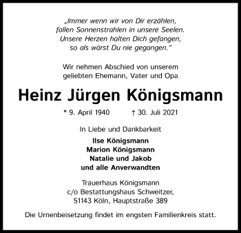 Anzeige von Heinz Jürgen Königsmann von Kölner Stadt-Anzeiger / Kölnische Rundschau / Express