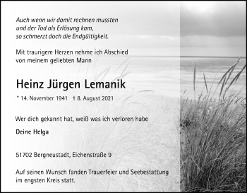 Anzeige von Heinz Jürgen Lemanik von Kölner Stadt-Anzeiger / Kölnische Rundschau / Express