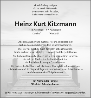 Anzeige von Heinz Kurt Kitzmann von  Anzeigen Echo  Lokalanzeiger 