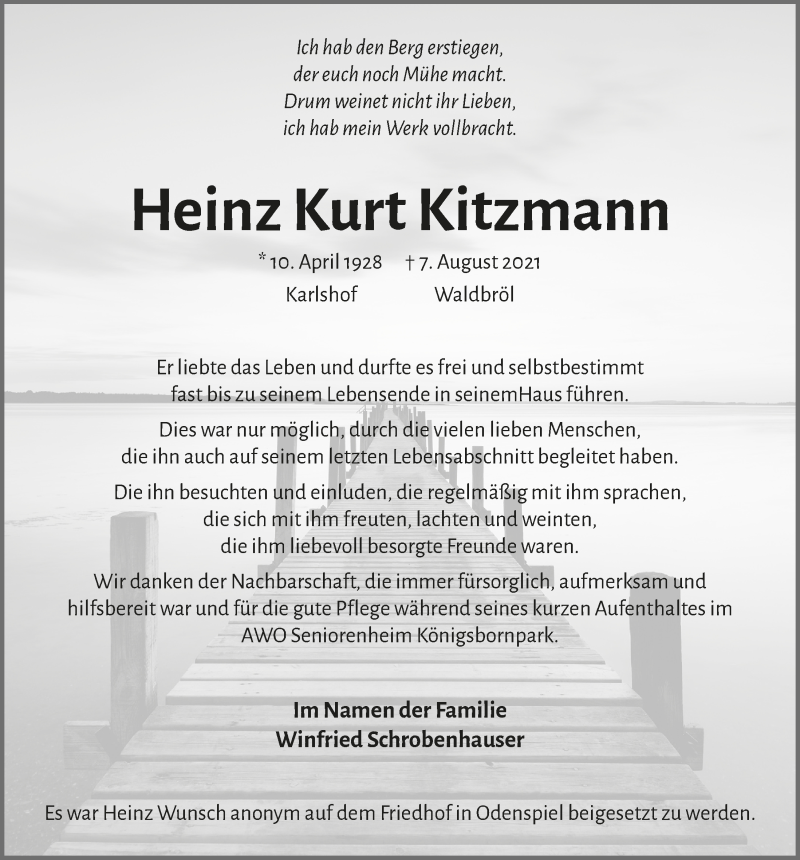  Traueranzeige für Heinz Kurt Kitzmann vom 13.08.2021 aus  Anzeigen Echo  Lokalanzeiger 