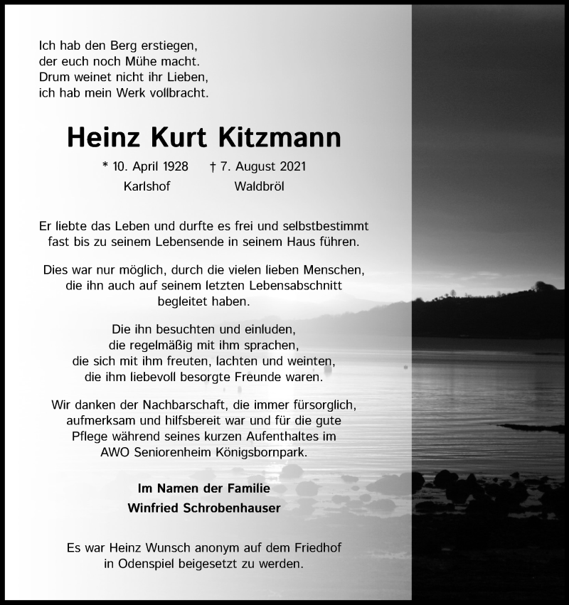  Traueranzeige für Heinz Kurt Kitzmann vom 14.08.2021 aus Kölner Stadt-Anzeiger / Kölnische Rundschau / Express