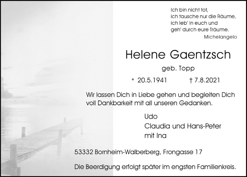  Traueranzeige für Helene Gaentzsch vom 13.08.2021 aus  Schlossbote/Werbekurier 