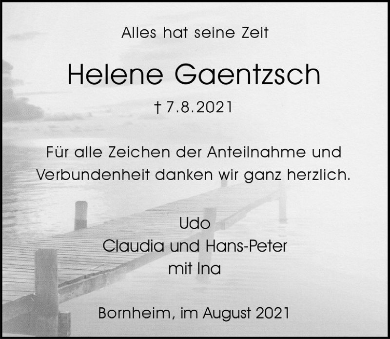  Traueranzeige für Helene Gaentzsch vom 27.08.2021 aus  Schlossbote/Werbekurier 