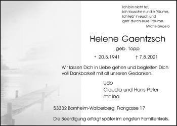 Anzeige von Helene Gaentzsch von  Schlossbote/Werbekurier 