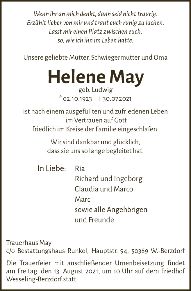  Traueranzeige für Helene May vom 06.08.2021 aus  Schlossbote/Werbekurier 