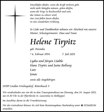 Anzeige von Helene Tirpitz von  Anzeigen Echo 