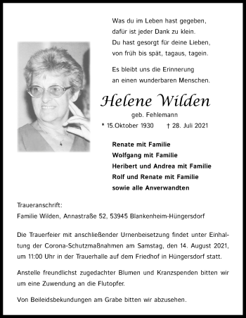 Anzeige von Helene Wilden von Kölner Stadt-Anzeiger / Kölnische Rundschau / Express