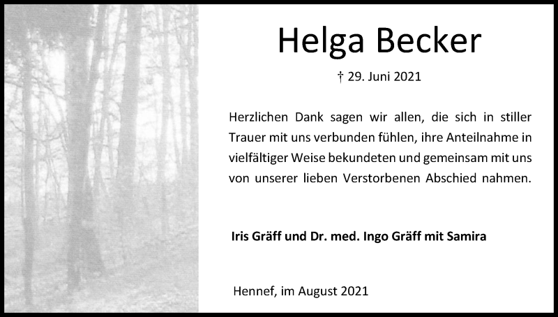  Traueranzeige für Helga Becker vom 07.08.2021 aus Kölner Stadt-Anzeiger / Kölnische Rundschau / Express