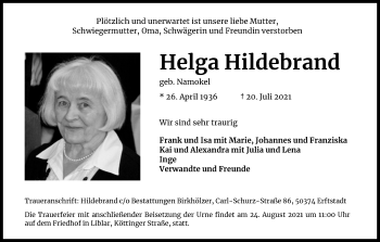 Anzeige von Helga Hildebrand von Kölner Stadt-Anzeiger / Kölnische Rundschau / Express