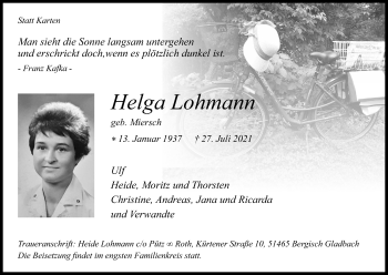 Anzeige von Helga Lohmann von Kölner Stadt-Anzeiger / Kölnische Rundschau / Express