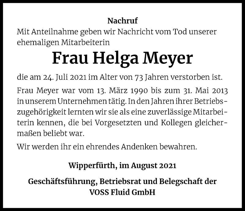  Traueranzeige für Helga Meyer vom 05.08.2021 aus Kölner Stadt-Anzeiger / Kölnische Rundschau / Express