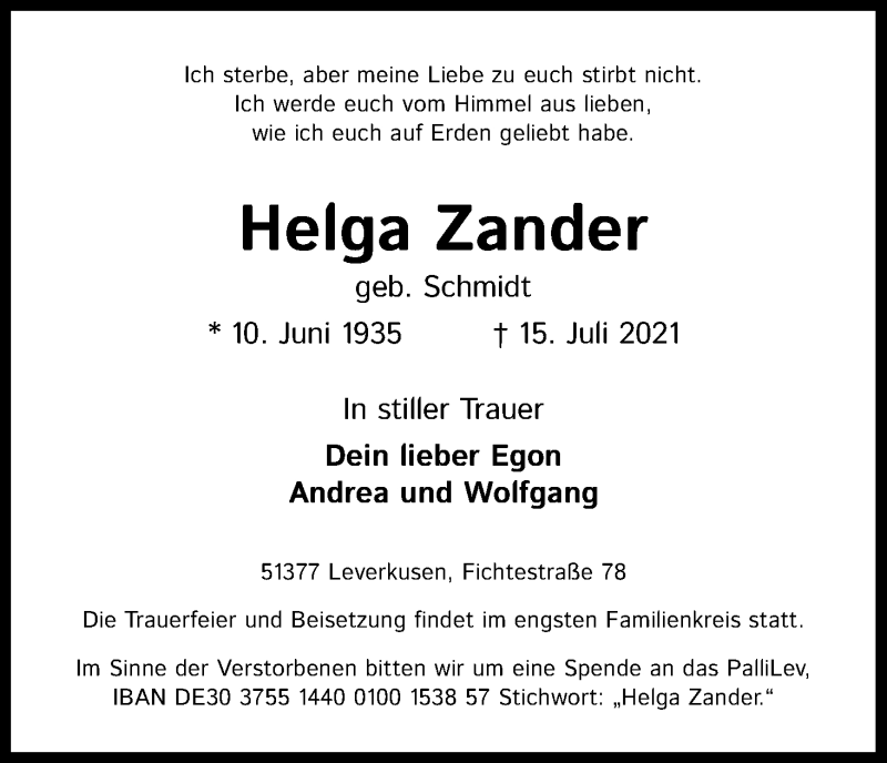  Traueranzeige für Helga Zander vom 07.08.2021 aus Kölner Stadt-Anzeiger / Kölnische Rundschau / Express
