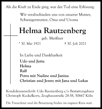 Anzeige von Helma Rautzenberg von Kölner Stadt-Anzeiger / Kölnische Rundschau / Express