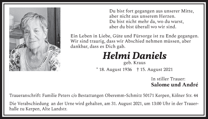  Traueranzeige für Helmi Daniels vom 27.08.2021 aus  Werbepost 