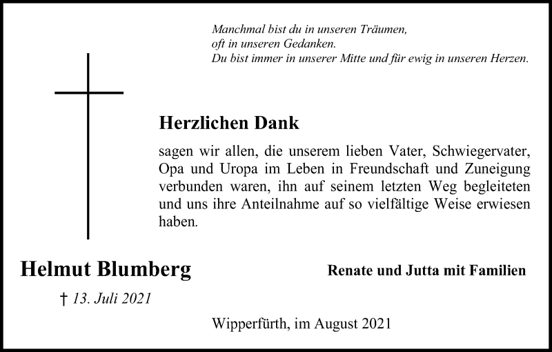  Traueranzeige für Helmut Blumberg vom 25.08.2021 aus Kölner Stadt-Anzeiger / Kölnische Rundschau / Express