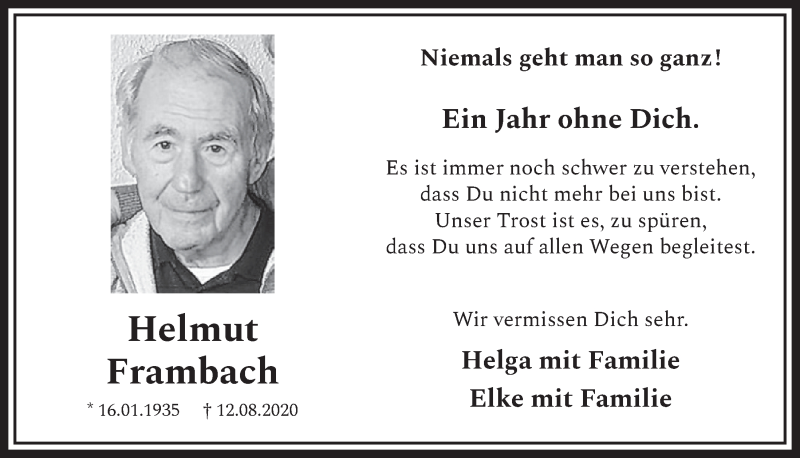  Traueranzeige für Helmut Frambach vom 13.08.2021 aus  Werbepost 