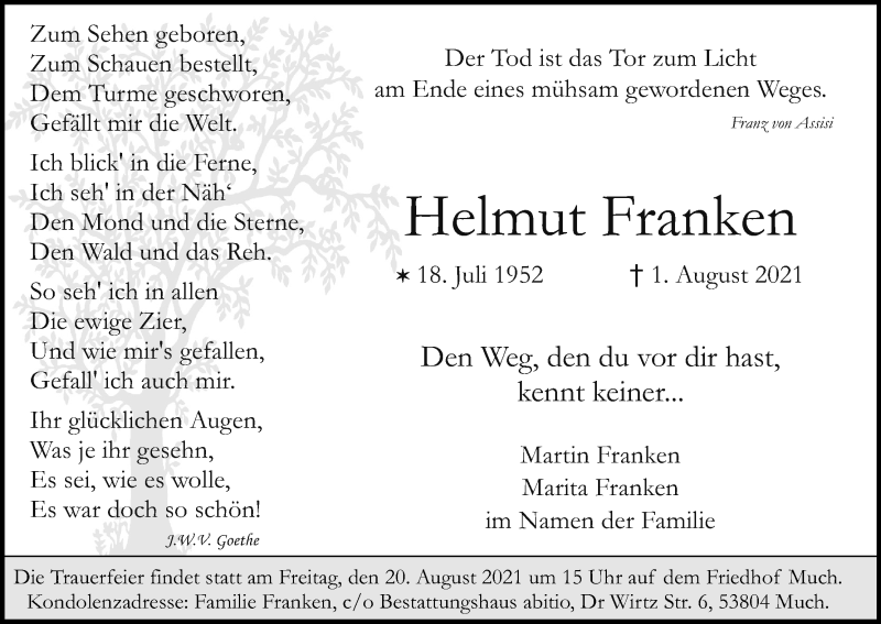  Traueranzeige für Helmut Franken vom 07.08.2021 aus Kölner Stadt-Anzeiger / Kölnische Rundschau / Express