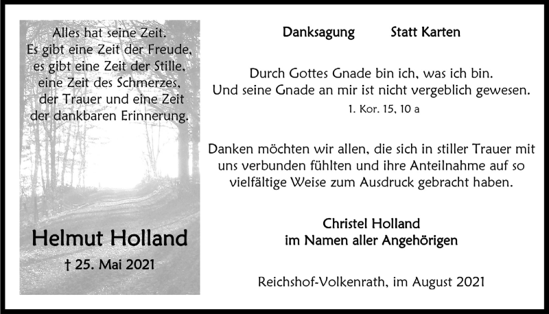  Traueranzeige für Helmut Holland vom 06.08.2021 aus  Anzeigen Echo 
