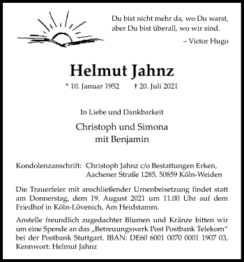 Anzeige von Helmut Jahnz von Kölner Stadt-Anzeiger / Kölnische Rundschau / Express