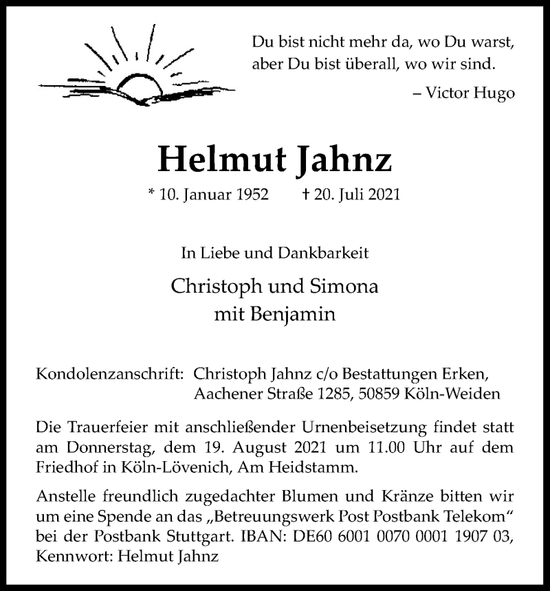  Traueranzeige für Helmut Jahnz vom 14.08.2021 aus Kölner Stadt-Anzeiger / Kölnische Rundschau / Express