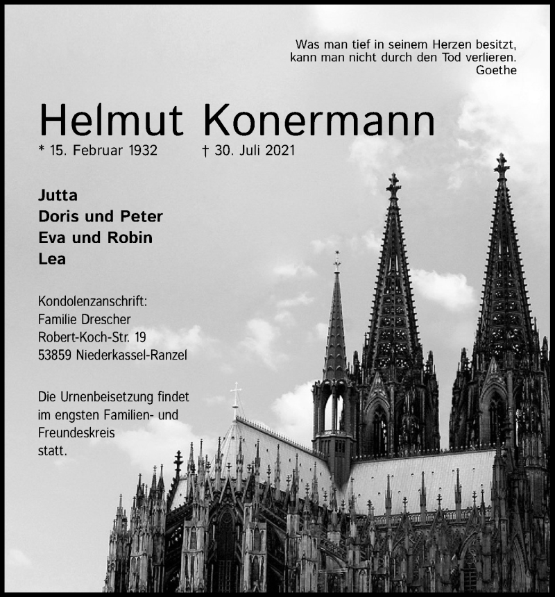  Traueranzeige für Helmut Konermann vom 07.08.2021 aus Kölner Stadt-Anzeiger / Kölnische Rundschau / Express