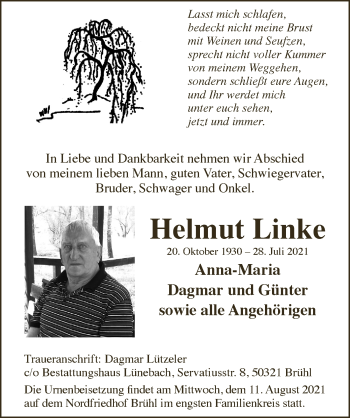 Anzeige von Helmut Linke von  Schlossbote/Werbekurier 
