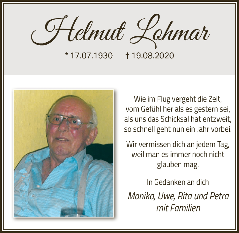  Traueranzeige für Helmut Lohmar vom 20.08.2021 aus  Extra Blatt 