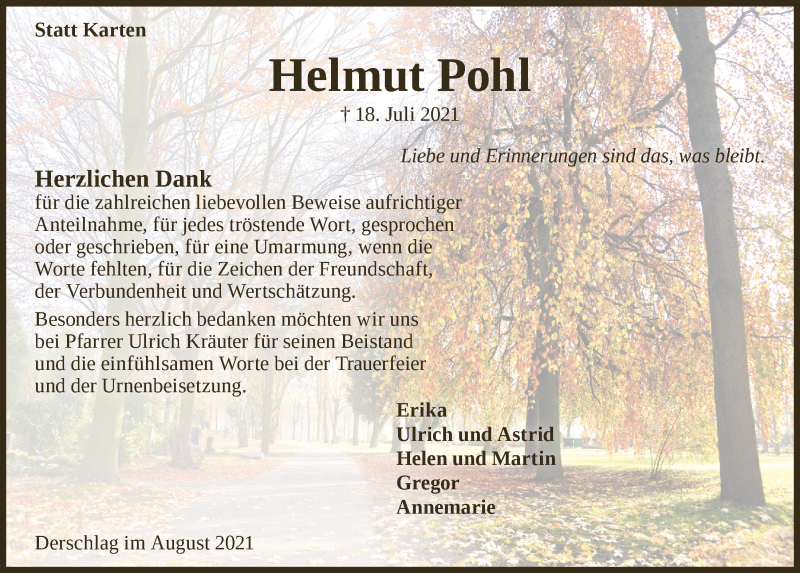  Traueranzeige für Helmut Pohl vom 27.08.2021 aus  Anzeigen Echo 