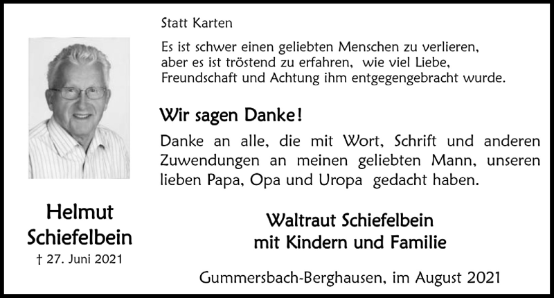  Traueranzeige für Helmut Schiefelbein vom 06.08.2021 aus  Anzeigen Echo 