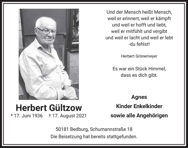  Traueranzeige für Herbert Gültzow vom 27.08.2021 aus  Werbepost 