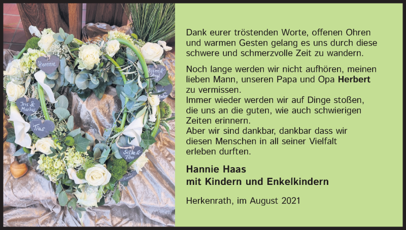  Traueranzeige für Herbert Haas vom 28.08.2021 aus Kölner Stadt-Anzeiger / Kölnische Rundschau / Express