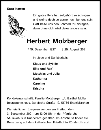 Anzeige von Herbert Molzberger von Kölner Stadt-Anzeiger / Kölnische Rundschau / Express