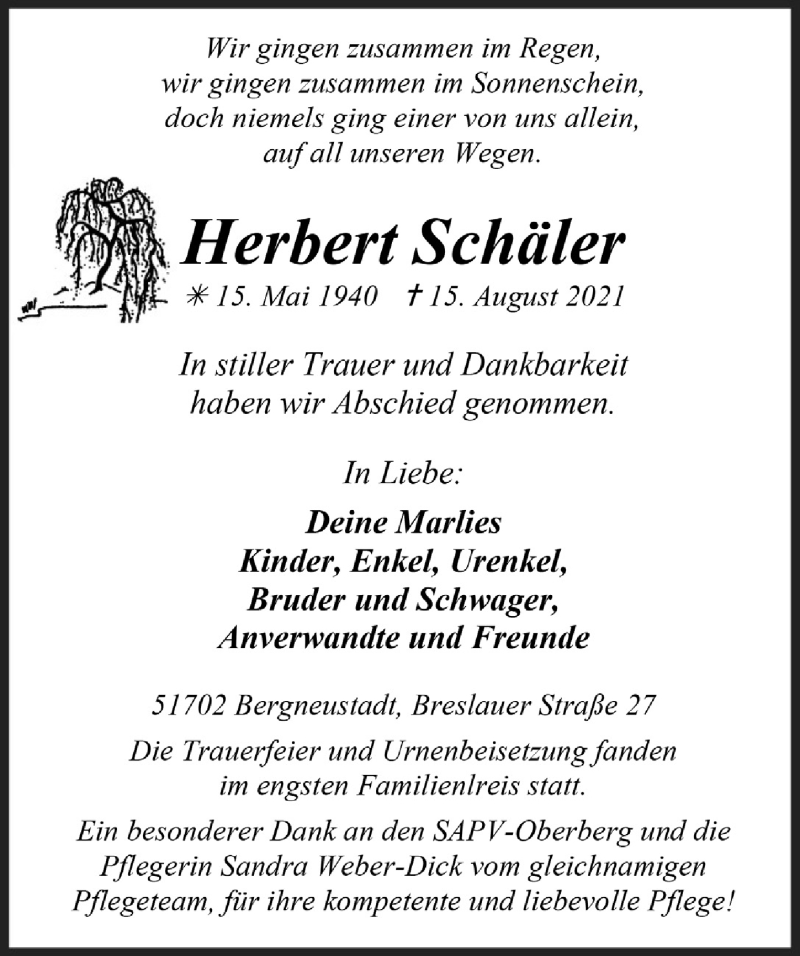  Traueranzeige für Herbert Schäler vom 27.08.2021 aus  Anzeigen Echo 