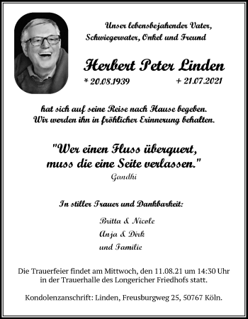Anzeige von Herbert Peter Linden von Kölner Stadt-Anzeiger / Kölnische Rundschau / Express