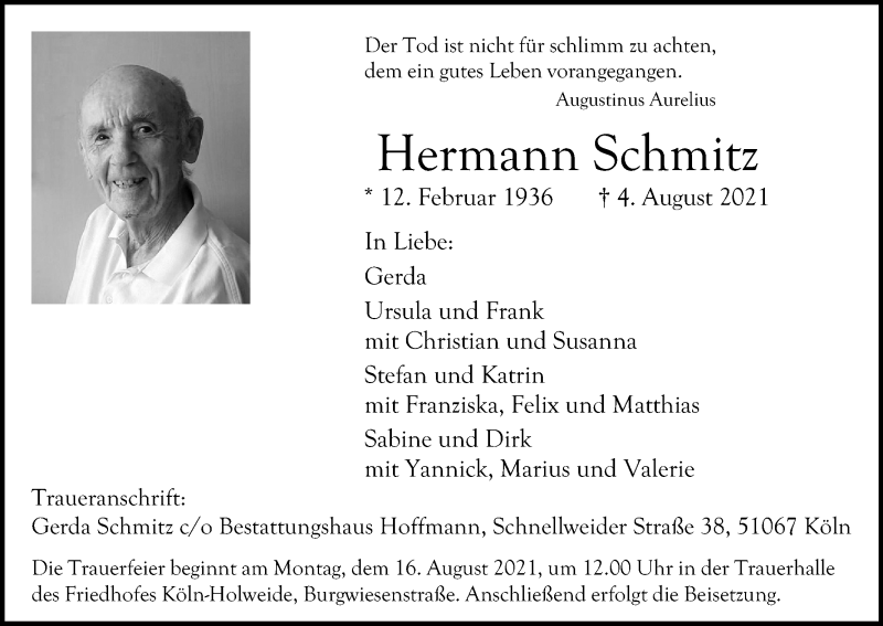  Traueranzeige für Hermann Schmitz vom 14.08.2021 aus Kölner Stadt-Anzeiger / Kölnische Rundschau / Express