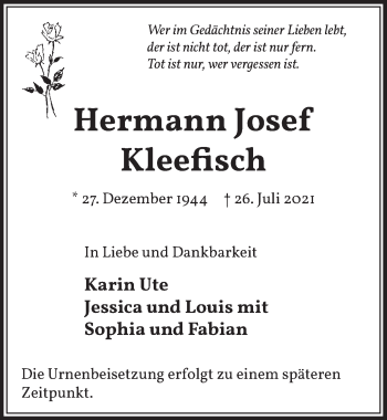 Anzeige von Hermann Josef Kleefisch von  Wochenende 