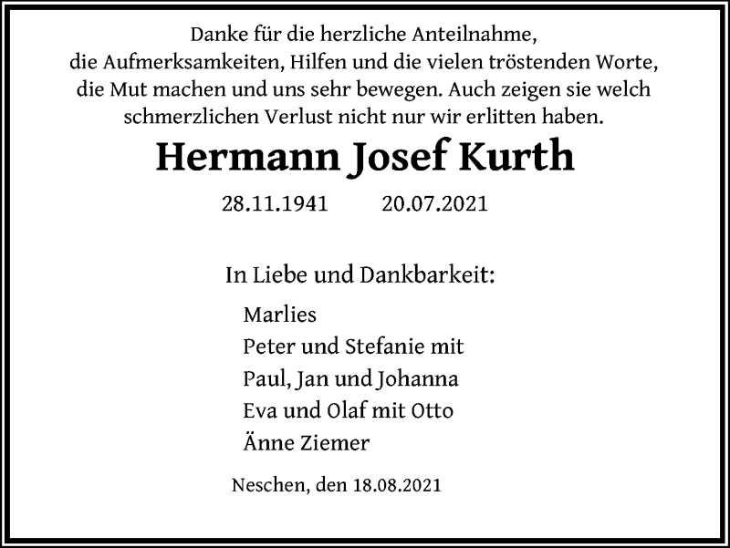  Traueranzeige für Hermann Josef Kurth vom 21.08.2021 aus Kölner Stadt-Anzeiger / Kölnische Rundschau / Express