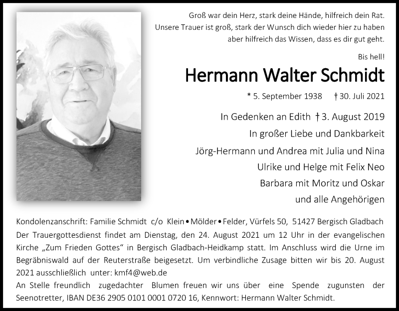  Traueranzeige für Hermann Walter Schmidt vom 14.08.2021 aus Kölner Stadt-Anzeiger / Kölnische Rundschau / Express