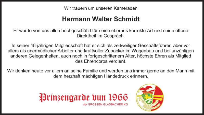  Traueranzeige für Hermann Walter Schmidt vom 14.08.2021 aus Kölner Stadt-Anzeiger / Kölnische Rundschau / Express