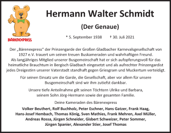 Anzeige von Hermann Walter Schmidt von Kölner Stadt-Anzeiger / Kölnische Rundschau / Express