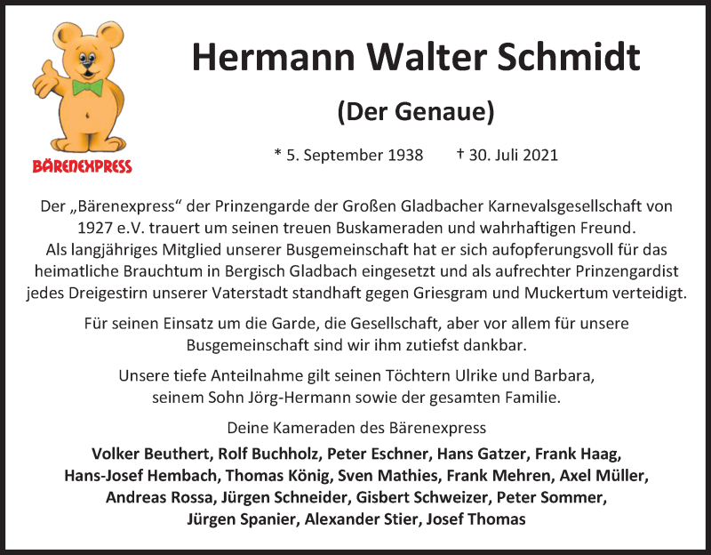  Traueranzeige für Hermann Walter Schmidt vom 14.08.2021 aus Kölner Stadt-Anzeiger / Kölnische Rundschau / Express