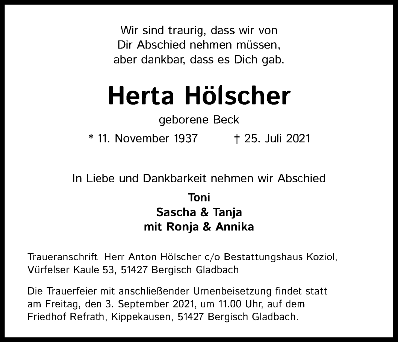  Traueranzeige für Herta Hölscher vom 14.08.2021 aus Kölner Stadt-Anzeiger / Kölnische Rundschau / Express