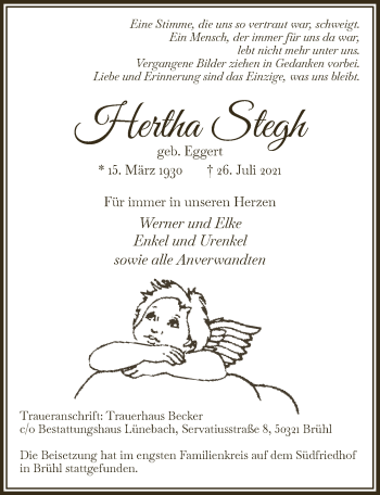 Anzeige von Hertha Stegh von  Schlossbote/Werbekurier 