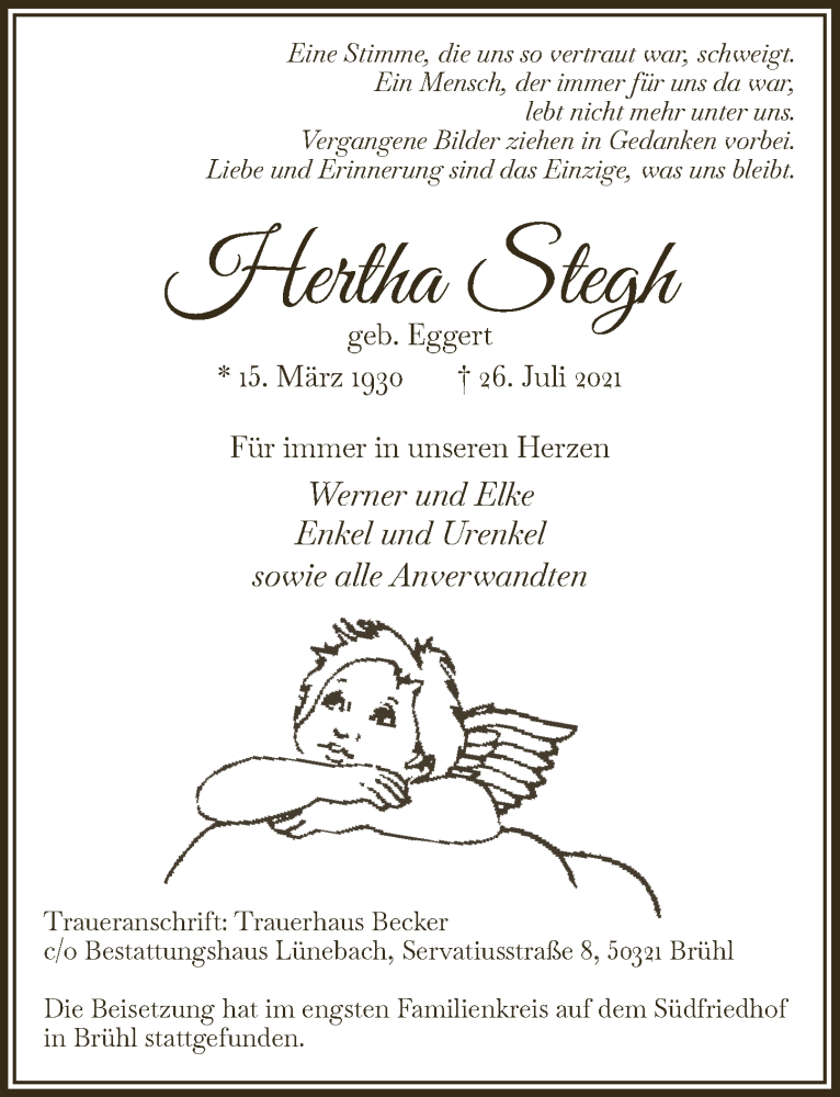  Traueranzeige für Hertha Stegh vom 06.08.2021 aus  Schlossbote/Werbekurier 