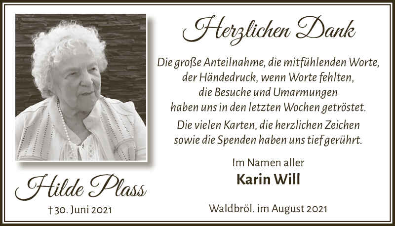  Traueranzeige für Hilde Plass vom 20.08.2021 aus  Lokalanzeiger 