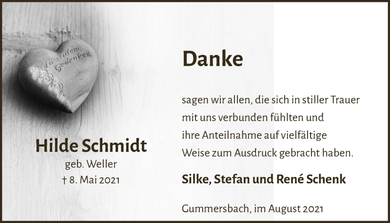  Traueranzeige für Hilde Schmidt vom 06.08.2021 aus  Anzeigen Echo 