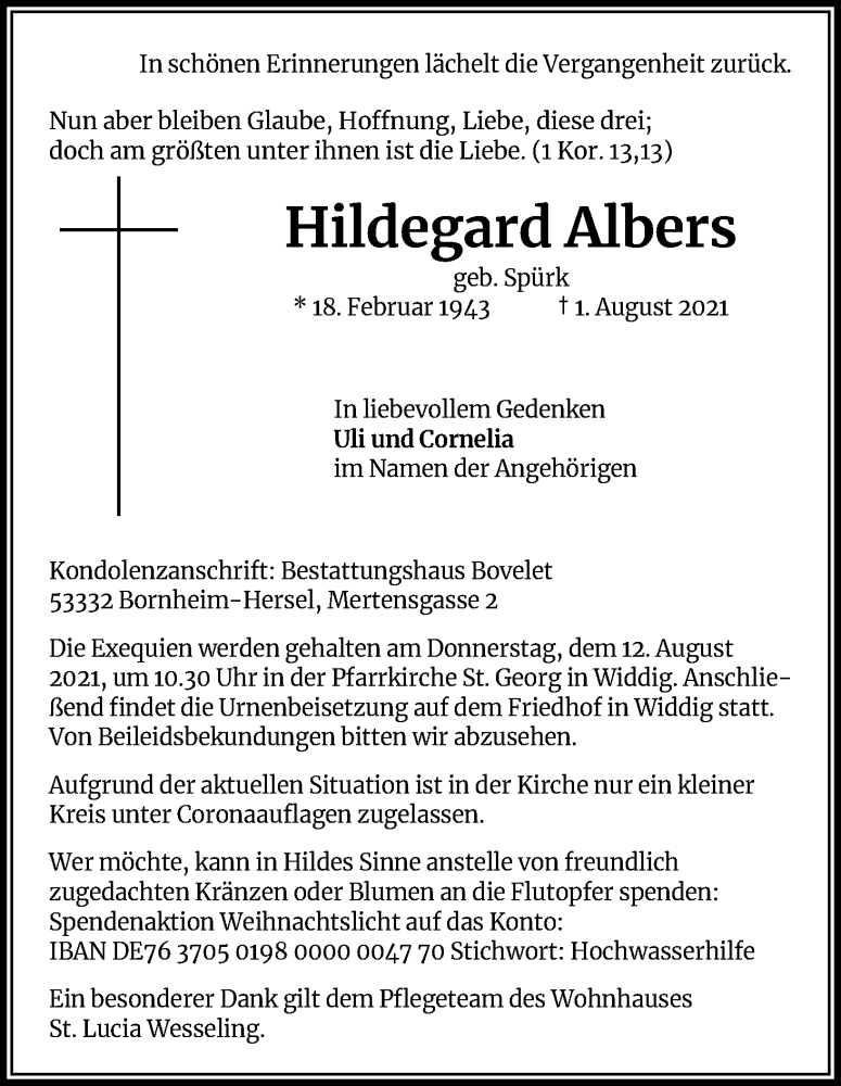  Traueranzeige für Hildegard Albers vom 10.08.2021 aus Kölner Stadt-Anzeiger / Kölnische Rundschau / Express