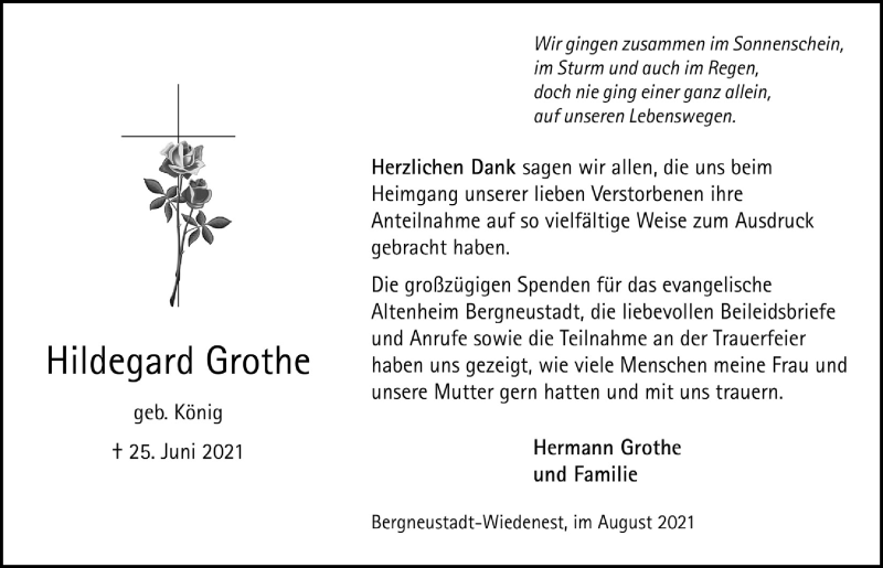 Traueranzeige für Hildegard Grothe vom 06.08.2021 aus  Anzeigen Echo 