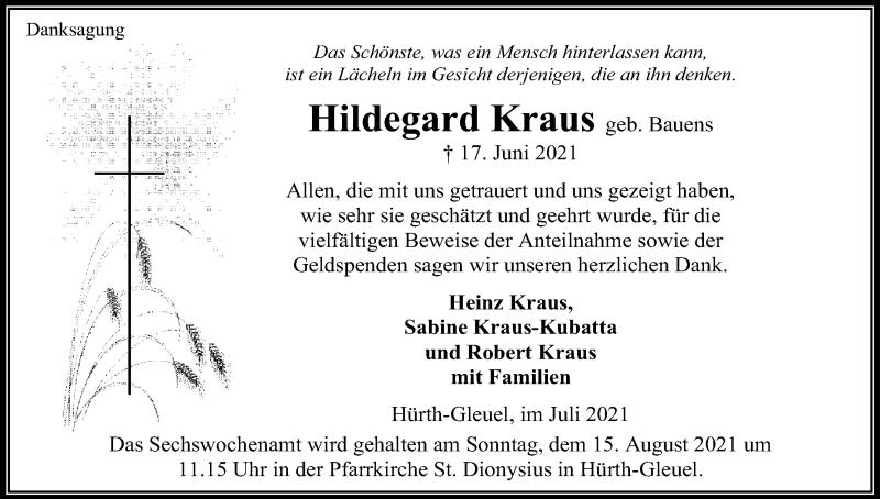  Traueranzeige für Hildegard Kraus vom 07.08.2021 aus Kölner Stadt-Anzeiger / Kölnische Rundschau / Express